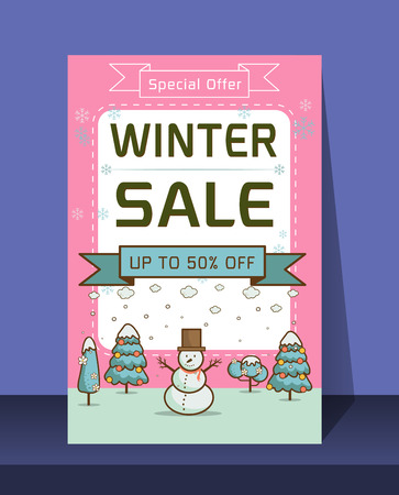 Card Christmas sale discounts. Festive advertising banner with fun New Year characters and symbols.Winter Sale banner. Joyful snowman with the words Vector illustrationのイラスト素材