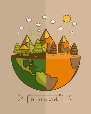 ECO FRIENDLY. Different of world. Ecology concept with Green Eco Earth and Trees. Vector illustration.のイラスト素材