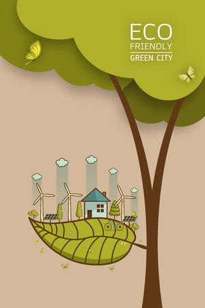Vector illustration of eco earth with of wind turbine, bike , solar cell ,house, and trees. Background for save earth day. Environmental, ecology, nature protection and pollution concept.のイラスト素材