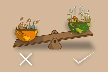 The different of Environmentally landscape factory and forest ,green earth- ecology concept green information with World globe on a scale . Balance concept. Flat vector illustrationのイラスト素材