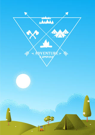 Beautiful vertical Nature landscape. Morning landscape in the mountains. Solitude in nature by the hill. Weekend in the tent. Hiking and camping. Vector texture style concept illustration.のイラスト素材