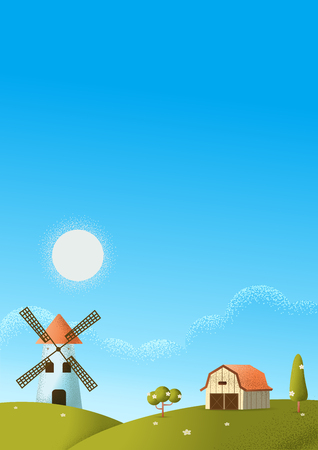 Vertical Farm field nature landscape and a village on a hill  Vector texture style concept illustration.のイラスト素材