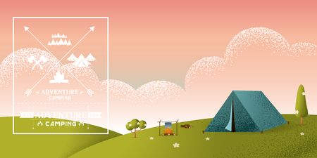 Beautiful horizontal Nature landscape. Morning landscape in the mountains. Solitude in nature by the hill. Weekend in the tent. Hiking and camping. Vector texture style concept illustration.のイラスト素材