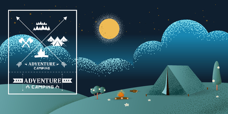 Night scene landscape in the mountains. Solitude in nature by the hill. Weekend in the tent.のイラスト素材