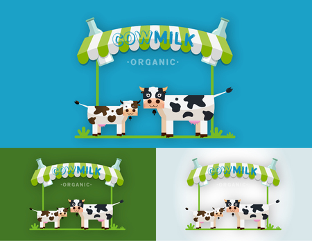 Set of Cow Milk Farm  design vector template. Label, sticker, icon. Symbol for milk and skim. Web graphics, banners, advertisements, brochures, business templates. Isolated on a blue backgroundのイラスト素材