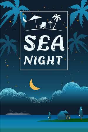 Beautiful vertical Nature landscape. night scene landscape in Beach sea with villa  hotel seaside concept  Summer offers Vector texture style vector illustration.のイラスト素材