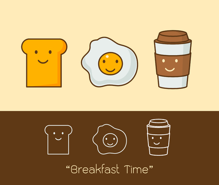 Best friends. Breakfast. Good morning. set of Cute picture cartoon icon of a coffee, eggs and toast. Vector illustration.のイラスト素材