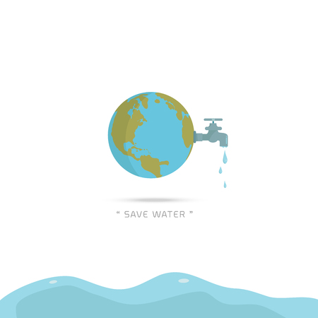 Water world day with hand hold faucet or water tap with a drop of water out to earth and save water text vector design illustrationのイラスト素材