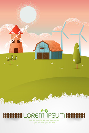 Vertical Farm field nature landscape and a village on a hill  with space for text Vector texture style concept illustration.のイラスト素材