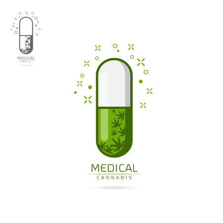 Medical cannabis in green capsule emblems, label, logo set vector templateのイラスト素材