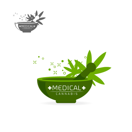 Medical cannabis in green grinder emblems, label, logo set on white background vector illustration templateのイラスト素材