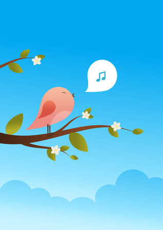 Spring bird on tree singing song from the musical notes. Pink bird cartoon character.Singing Bird on a branch.Bird on a tree.Vector illustration on sky background.のイラスト素材