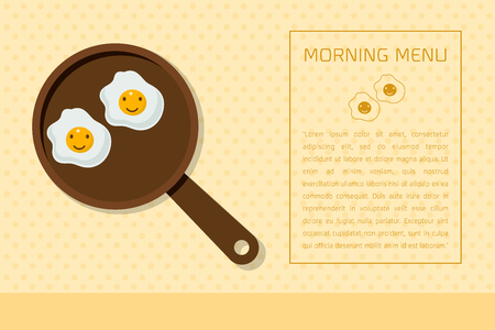 Minimal flat design morning menu with couple egg in heart shape on the pan  on yellow background Vector illustration.のイラスト素材