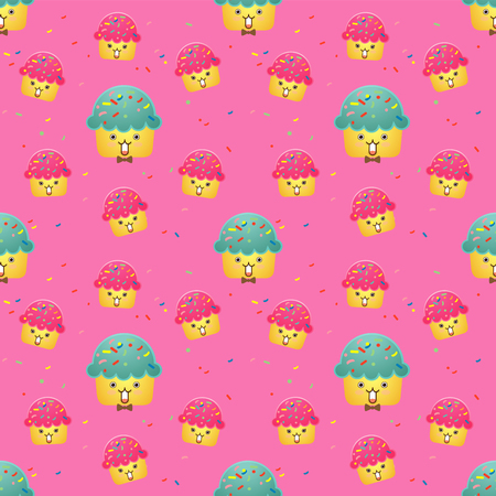 Seamless pattern with different cupcakes on pink background. cute Cupcake background. Sweet pattern for wedding, birthday, greetings cards, web, print. Vector illustration.のイラスト素材