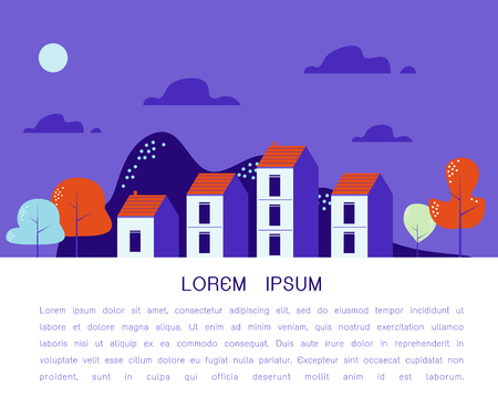 Beautiful Cozy town, row of houses by the hill with trees, nature landscape,village countryside scene, real estate development, modern flat design vector illustrationのイラスト素材