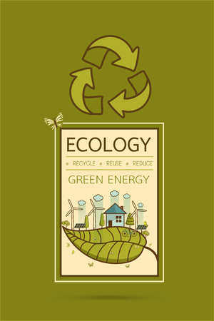 Vector illustration of eco home with of wind turbine, bike , solar cell  and trees. Background for save earth day. Environmental, Recycle sign for ecology, nature protection and pollution concept.のイラスト素材