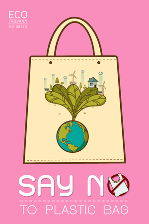 Say no to plastic, use cloth bags, World environment day, cute cartoon style concept. Green Ecology Earth Vector illustrationのイラスト素材