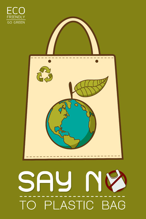 Say no to plastic, use cloth bags, World environment day, cute cartoon style concept. Green Ecology Earth Vector illustration.のイラスト素材