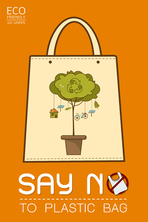 Say no to plastic, use cloth bags, World environment day, cute cartoon style concept. Green Ecology Earth Vector illustration.のイラスト素材