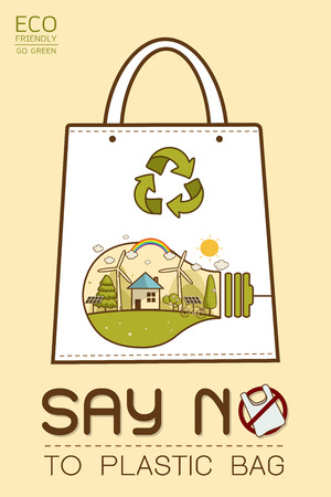 Say no to plastic, use cloth bags, World environment day, cute cartoon style concept. Green Ecology Earth Vector illustration.のイラスト素材