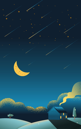 Beautiful cabin hut on the hills in the night scene beautiful vertical Nature landscape with stars comet and moon on  sky background Vector texture style illustrationのイラスト素材