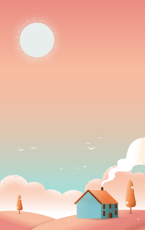 Beautiful cabin hut on the hills in the day scene beautiful vertical Nature landscape with sun and cloud on sky background Vector texture style illustrationのイラスト素材