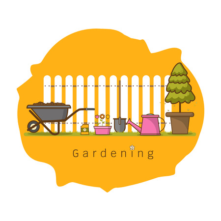 Concept of gardening or agriculture . Garden tools. Banner with summer garden landscape cute cartoon flat style Vector illustrationのイラスト素材