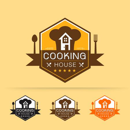 Set of cooking house logo template vector design with chef hat and house on yellow background vector illustrationのイラスト素材