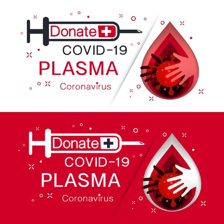 Donate COVID-19 Plasma is the liquid part of blood, help the sick from covid-19 pandemic global warming,  coronavirus design logo in white-Red background vector illustration.のイラスト素材