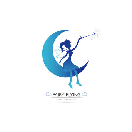 Fairy flying vector icon cartoon style. Elegant Fairy silhouette holding a magic wand with magic 
sparkle Sitting on the moon. Vector illustration of Fairy with a magic wand isolated on white backgroundのイラスト素材