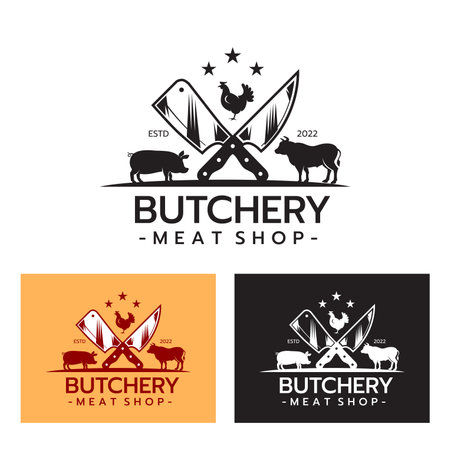 Meat Knife with a Symbol of Cow Pork Chicken . Butcher shop logo design vector Butchery Deli Beef Meat Shop Market Vintage Hipster Retro Logo Design Template.のイラスト素材