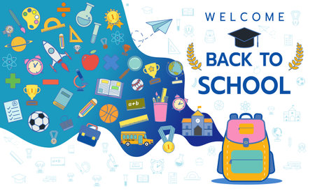 Welcome back to school banner concept with icon of supplies on white background vector illustrationのイラスト素材