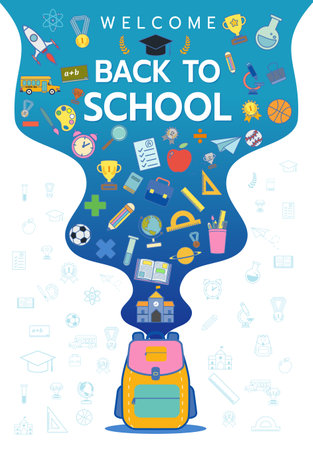 Welcome back to school banner concept with icon of supplies on white background vector illustrationのイラスト素材