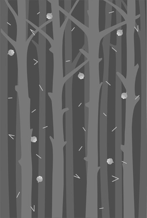 Background with tree trunks and falling fir cones and needles. A hovel forest. Monochrome designのイラスト素材