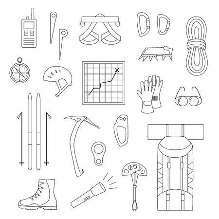 Set line icons of mountaineering equipments. Collection vector icons for climbing, trekking, hiking, tourism, expedition, extreme, camping, outdoor recreation and vacation in mountains.のイラスト素材