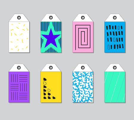 Set of bright geometric tags for gifts, new collections and sales in shops.のイラスト素材