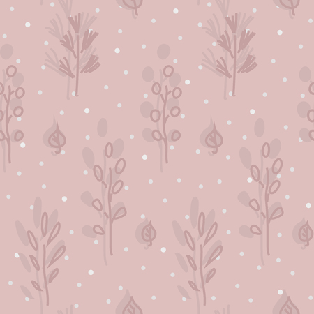 Seamless hand drawn pattern with branches and leafs amid snowfallのイラスト素材