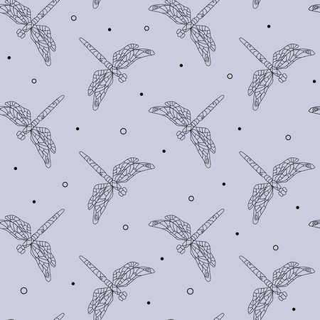 Swirling dragonfly in the twilight among fluffs. Seamless pattern. Vector illustrationのイラスト素材
