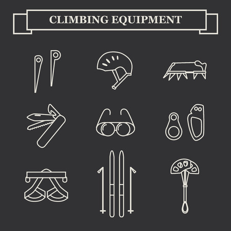 Set line icons of mountaineering equipments. Collection vector icons for climbing, trekking, hiking, tourism, expedition, extreme, camping, outdoor recreation and vacation in mountains.のイラスト素材