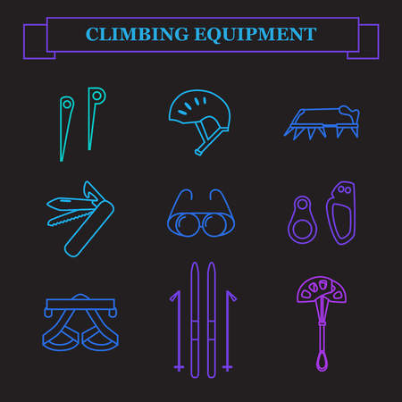 Set line icons of mountaineering equipments. Collection vector icons for climbing, trekking, hiking, tourism, expedition, extreme, camping, outdoor recreation and vacation in mountains.のイラスト素材