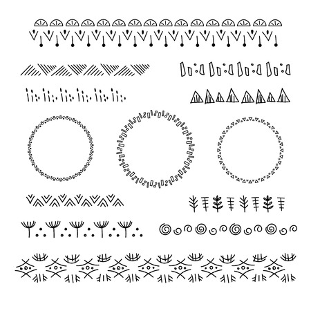 Collection of vector graphic borders and circle frames. Geometric and plant motifsのイラスト素材