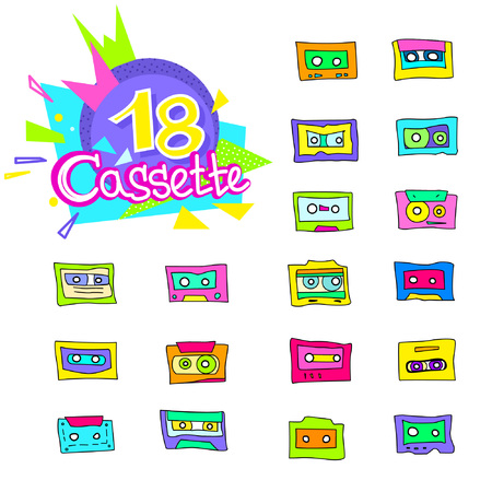 Collection of cartoon audio cassettes from the 1980s, 1990s. Great for typography, textiles, interior design. Vector illustrationのイラスト素材