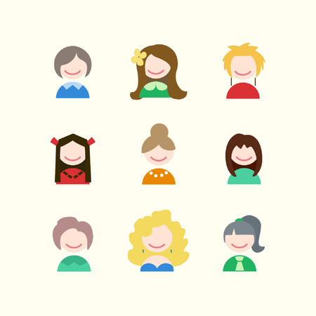 Female faces avatars. Girl icons. Happy people with different hairstyles. Vector illustrationのイラスト素材