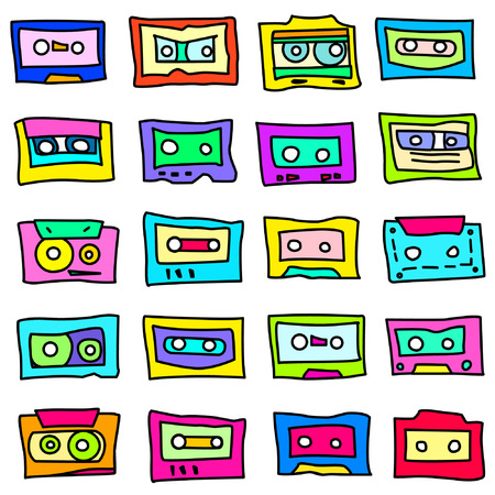 Seamless pattern with cassettes from the 1980s, 1990s.  Suitable for different types of decoration.のイラスト素材