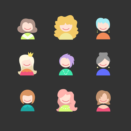 Female faces avatars. Girl icons. Happy people with different hairstyles. Vector illustrationのイラスト素材