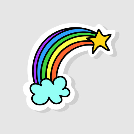 The rainbow begins with a cloud and ends with a star. Isolated image for badge, sticker or patch. Vector illustrationのイラスト素材