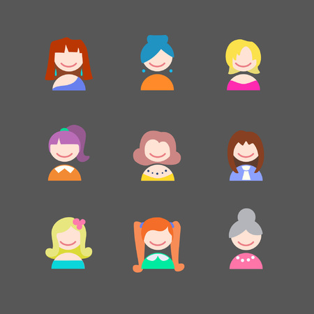 Collection of  female faces avatars. Girls with different hairstyles. Vector illustrationのイラスト素材