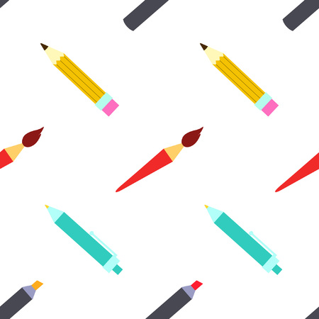 Bright seamless pattern with tools for the artist.  Brushes, pencils, pens, markers, nibs, palette knuckles - everything for creativity.のイラスト素材