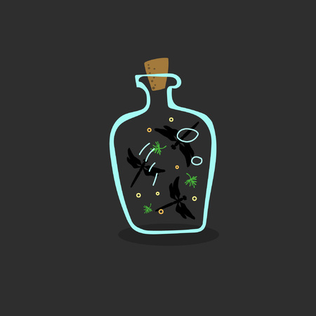 Cute bottle with swirling dragonflies and leaves inside. Great for T-shirts, textiles, postcards and other printed products.のイラスト素材