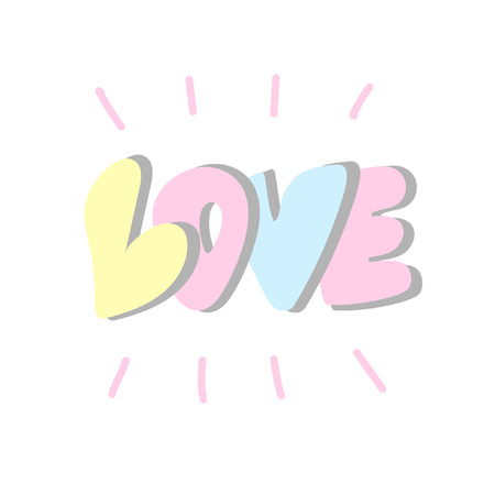Inscription of the word love. Volumetric letters, cartoon style. Isolated image for badge, sticker or patch. Vector illustrationのイラスト素材